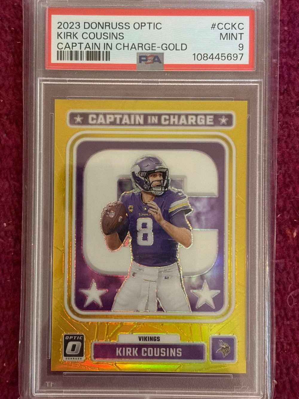 2023 Donruss Optic Kirk Cousins Capt In Charge GOLD 4/10 #CCKC PSA 9 MT Vikings